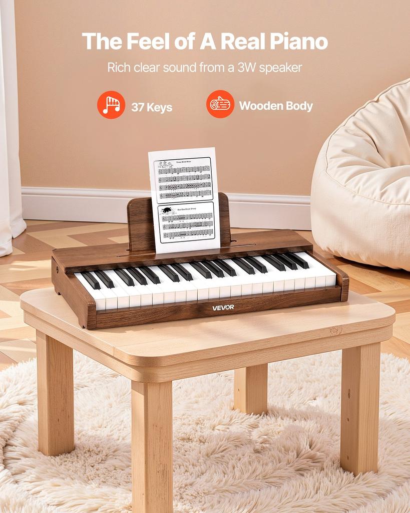 Kids Piano Keyboard, 37 Keys Wooden Digital Piano for Kids, Mini Music Educational Instrument Toy with Realistic Sound, Dual Power, Adjustable Volume