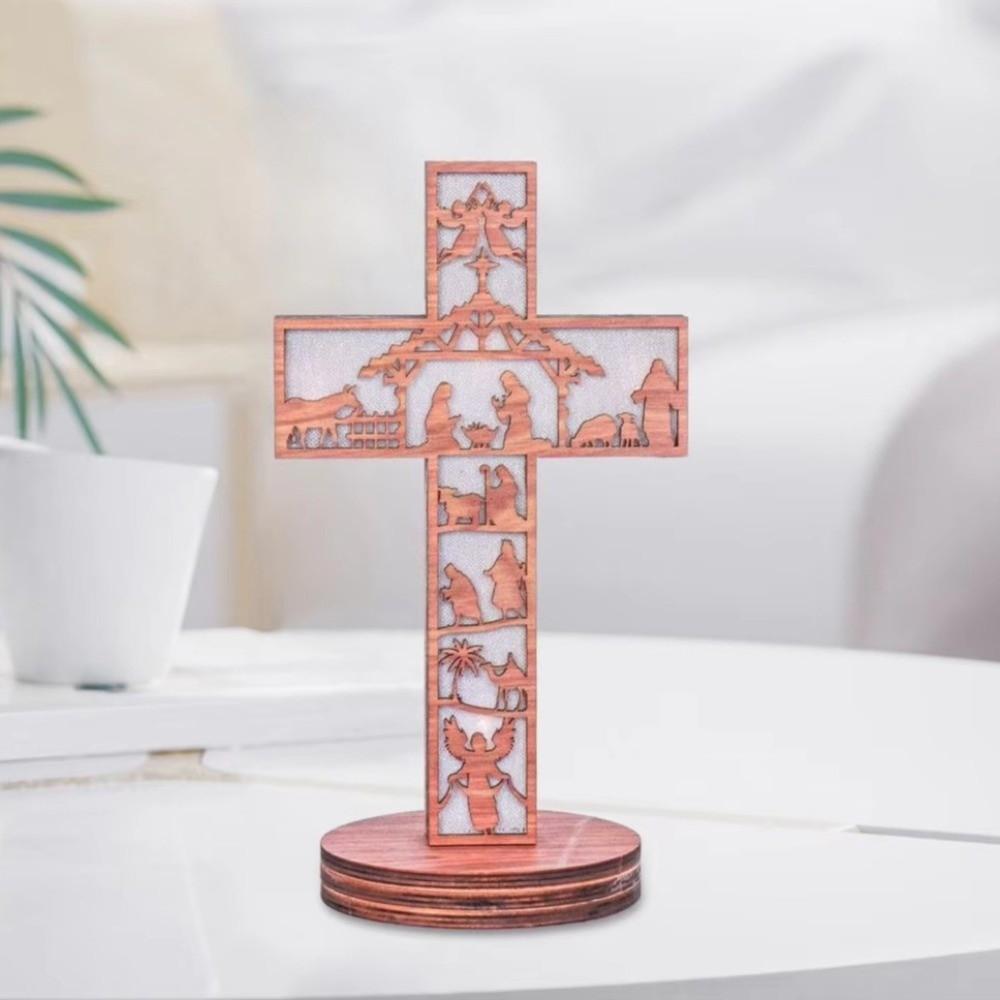 Wooden Decoration Desktop Cross Ornament Handcrafted Luminous Ornament  Easter Party