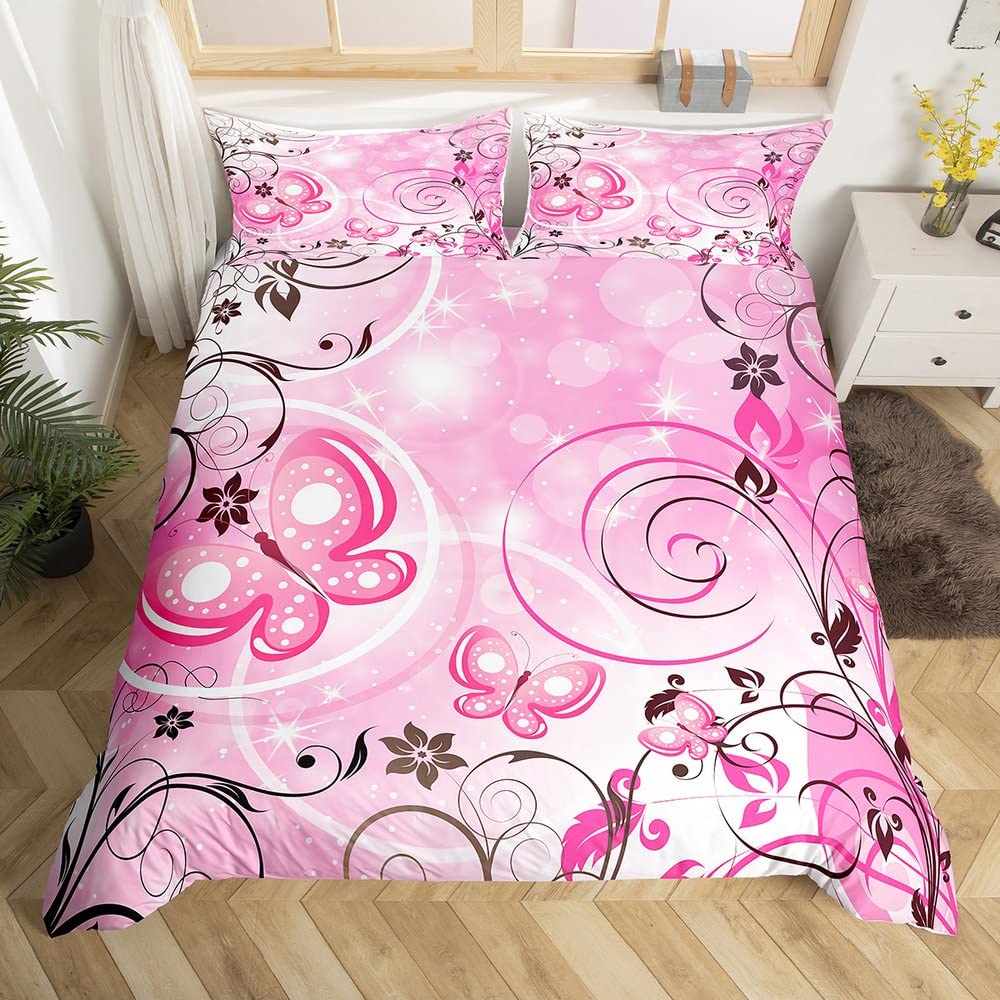 Butterfly and Flower Duvet Cover Girls Dream Animals Floral Comforter Cover Microfiber Romantic Theme Garden Flowers Bedding Set