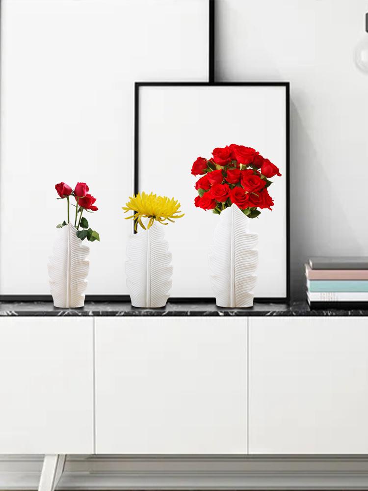 White Ceramic Vase Farmhouse Home Decor Leaves Style Modern Minimalist Pottery Vase Table Centerpieces Vase Decorative