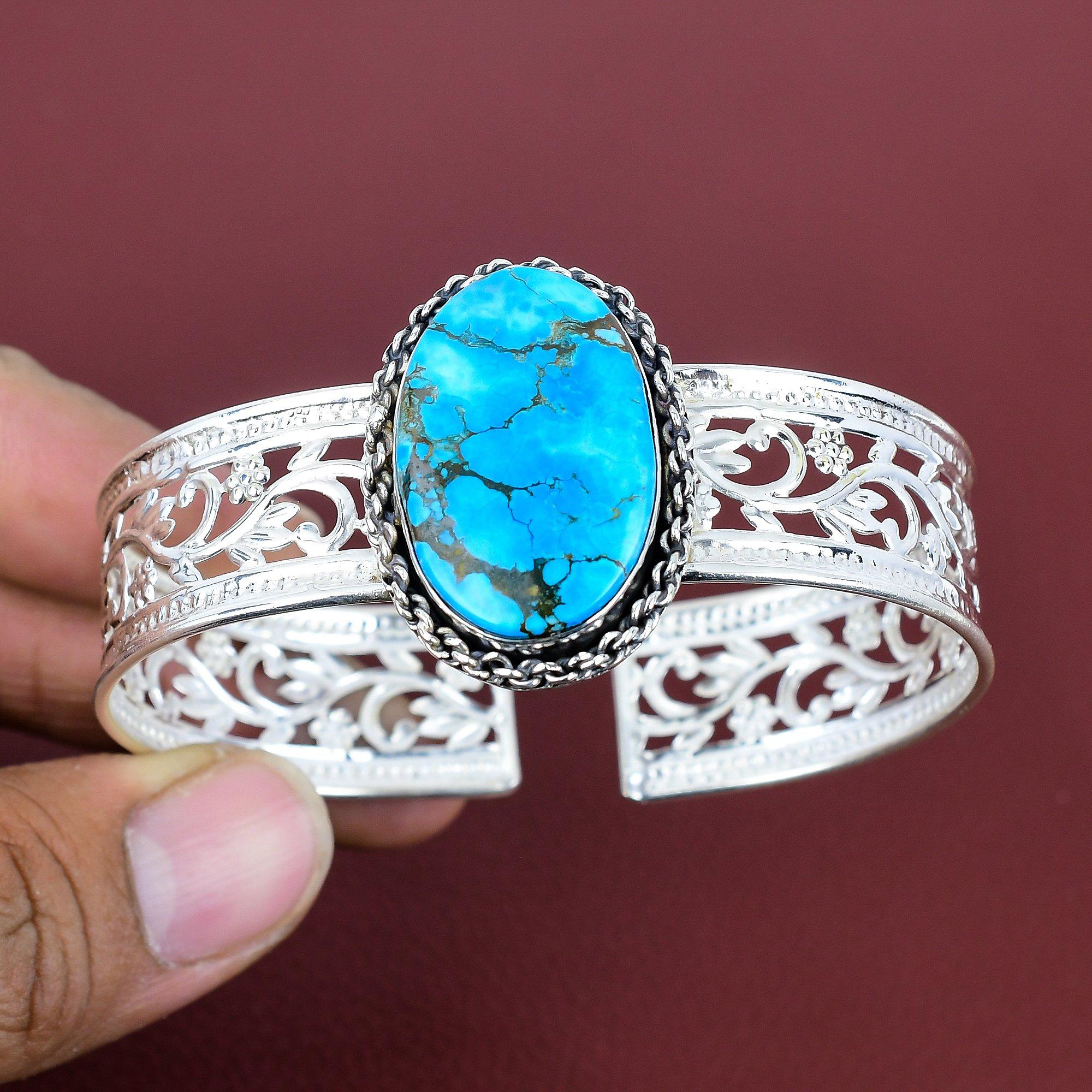 Tibetan turquoise bangle 925 sterling silver cuff bracelet adjustable handmade bangle antique jewelry natural gemstone bangle gifts for wife Adjustable