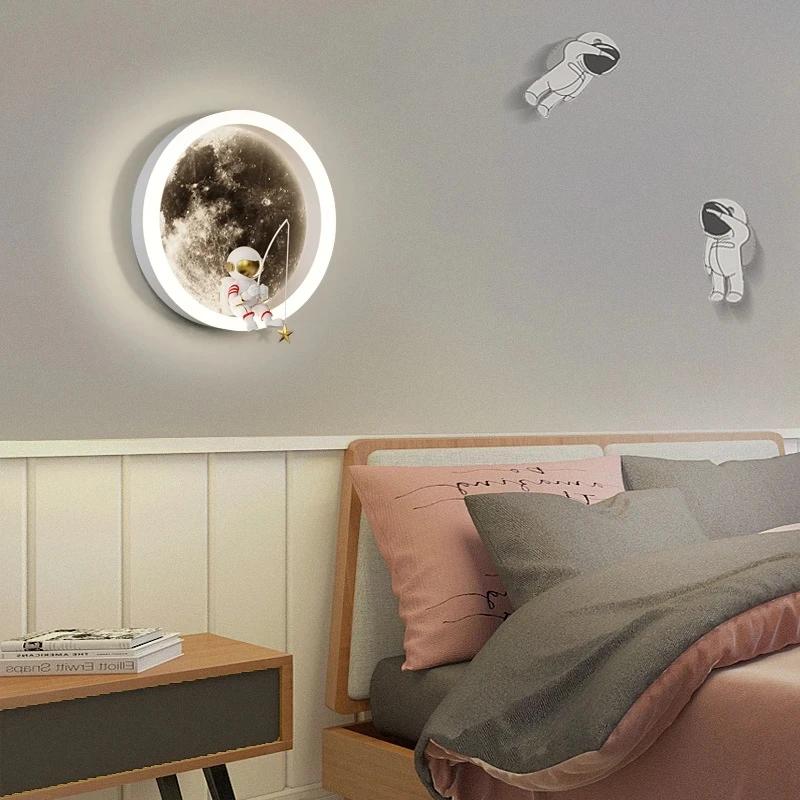 Kids Bedroom Sleeping Night Lights Corridor Hallway Home Decoration Sconce Cartoon Spaceman Astronaut Moon Round Led Wall Lamp