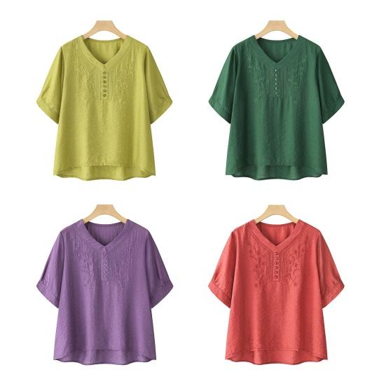 Women Tops V-Neck Embroidery Flower Pattern Short Sleeve Pullover Tops Loose Fit Pure Color Summer T-shirt