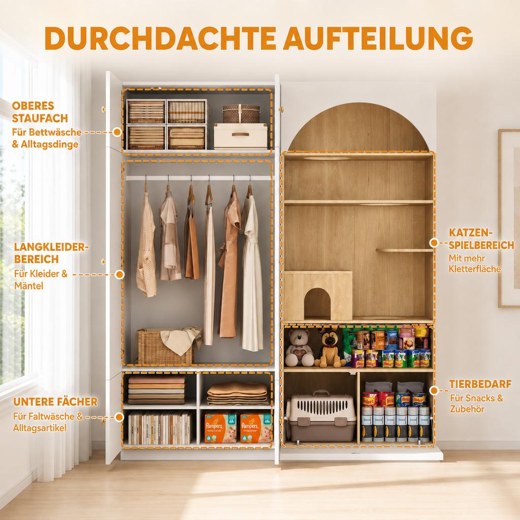 Hallway Wardrobe Set, Pet Cabinet, 180 X 50 X 200 Cm, with 1 Clothes Rail and Cat Climbing Wall, for Bedroom, Living Room and Hallway, White+wood Look