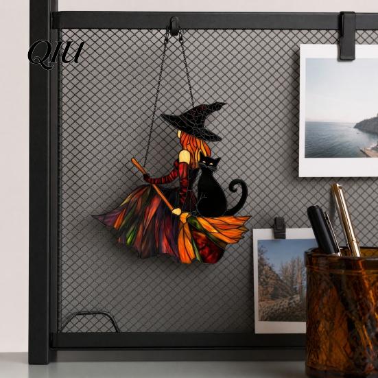 High Definition Printed Acrylic Vintage Halloween Cat Witch Decoration, Window Hanging Ornaments, Colorful Decoration Rustic Farmhouse Tree