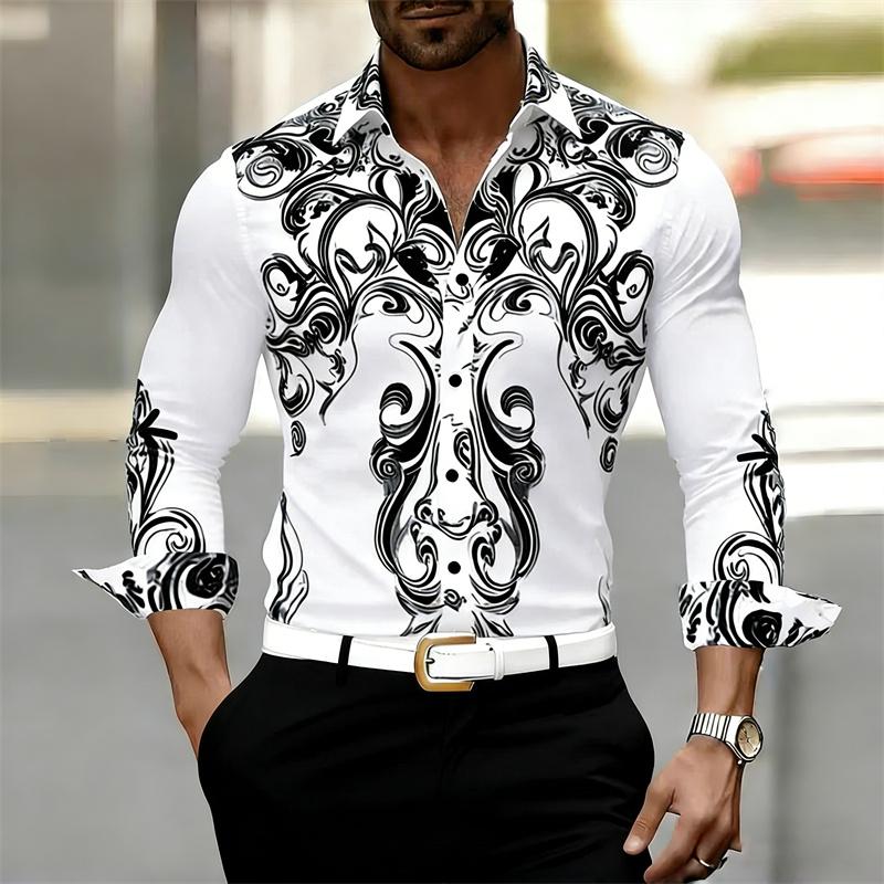 Men s long-sleeved shirt with retro black and white art print, outdoor street style long-sleeved collared shirt, casual top. S