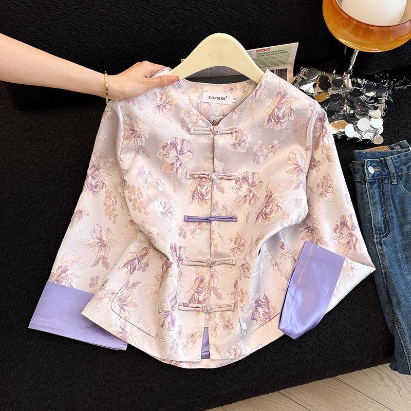 Spring Retro Chinese Style Purple Jacquard V-neck Frog Button Women s Jacket Top Small