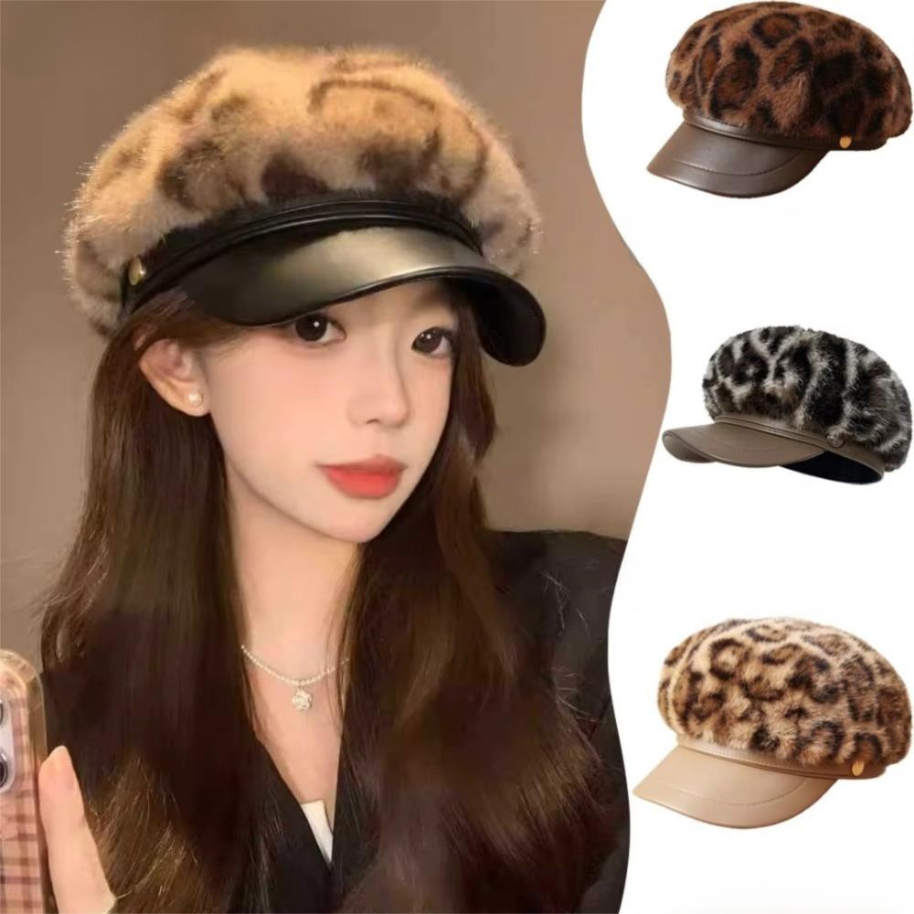 Leather Patchwork Newsboy Cap Hard Brim Octagonal Cap Retro Artist Hat For Women
