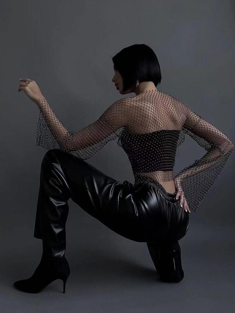 Europäisches & Amerikanisches High-End Mesh Strass Damen Langarmtop