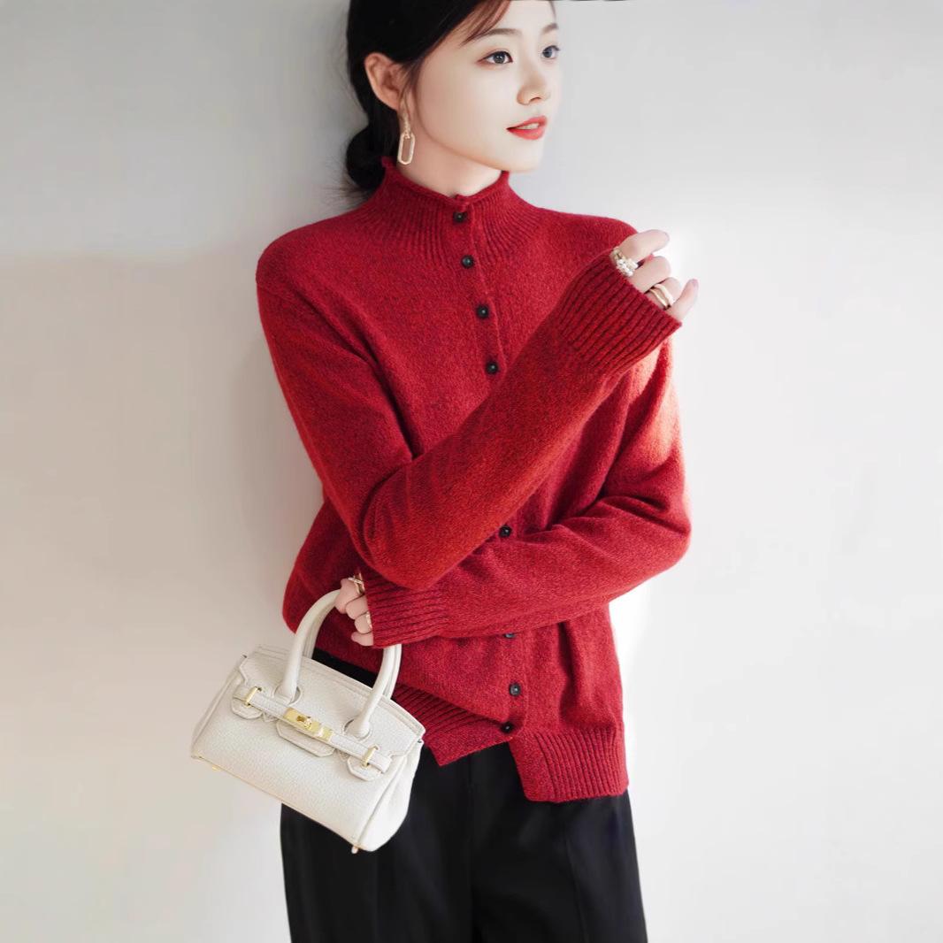 

Весенне-осенний новый кардиган на пуговицах с полувысоким воротником, женский свободный свитер-пальто из утолщенной вязки L красный