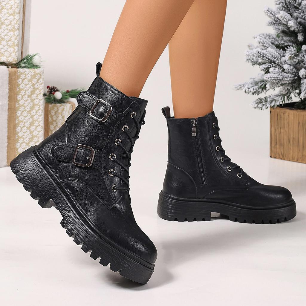 Fashion 2025 Black Ankle Boots Square Heel Front Lacing Women New Rock Motorcyccle Boots Big Sizes Platform Women Shoes Zapatos De Mujer