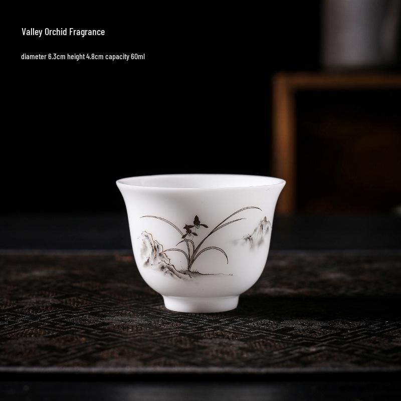 Hand-Painted Ceramic Landscape Teacup - Ice-Type Mutton Fat Jade Finish, Kung Fu Tea Set