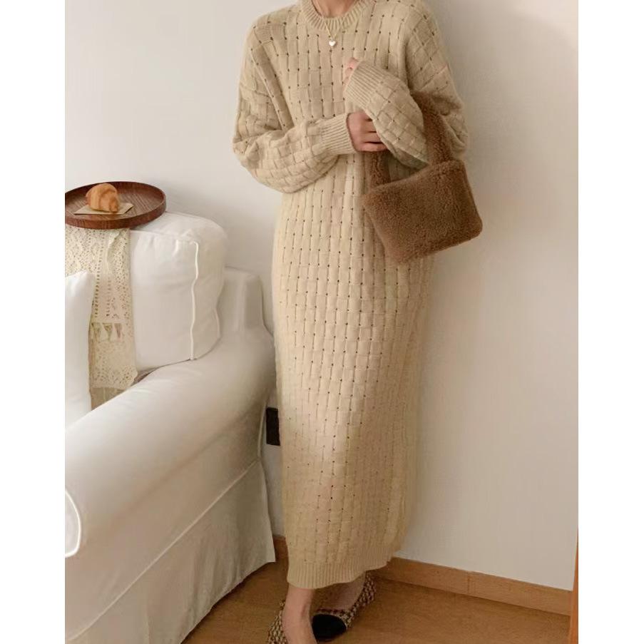 Crew Neck Plaid Solid Color Sweater Long Dress Women's Loose and Lazy Autumn and Winter New Knitted Bottoming Dress