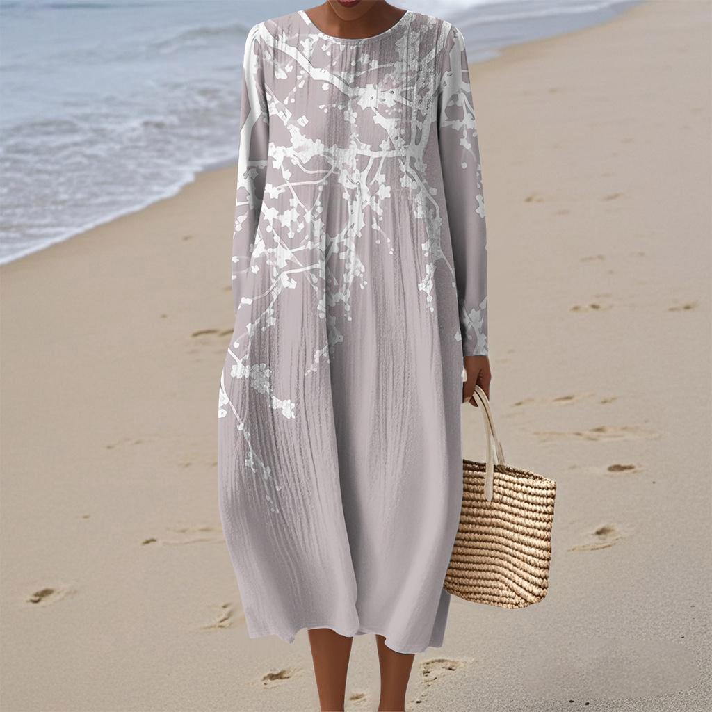 Women's Fashionable Casual Long-Sleeved Round Neck Floral Print Zipper Dress