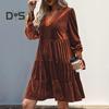 Spring Fall Women Dress Golden Velvet V Neck Pleated Patchwork Long Sleeves A-line Solid Color Knee Length Dating Shopping Midi Dress
