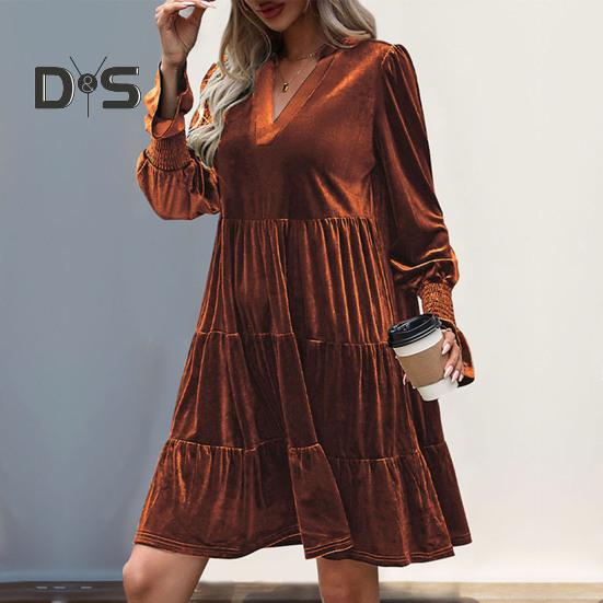 Spring Fall Women Dress Golden Velvet V Neck Pleated Patchwork Long Sleeves A-line Solid Color Knee Length Dating Shopping Midi Dress