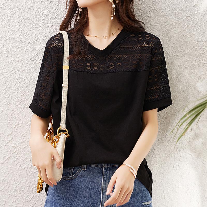 

ZANZEA Женская повседневная свободная блузка с v-образным вырезом и короткими рукавами, однотонная кружевная блузка S чёрный