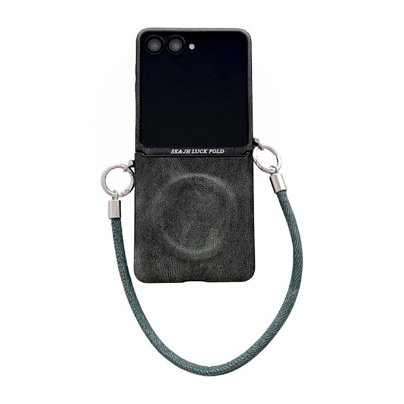 Business Crazy Horse Pattern Magnetic Case for Samsung Z Flip7: Foldable, Anti-Drop, Anti-Lost Lanyard, Compatible with 6/5 Gen.