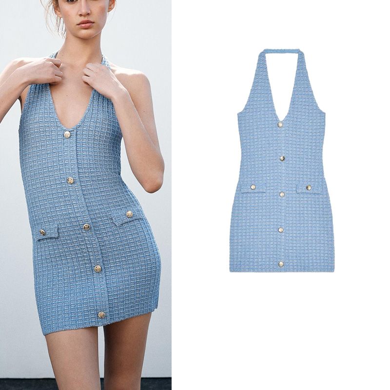 Summer Women's Pocket Decorative Effect Elastic Hanging Collar Fashion Elegant Short Dress 5063340