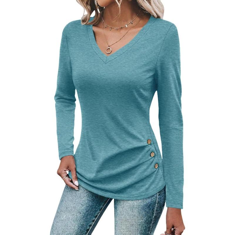 Women's Loose Fashion Solid Colour Long Sleeve Top Button Detail Knitted Multi Stretch Comfort T Shirt