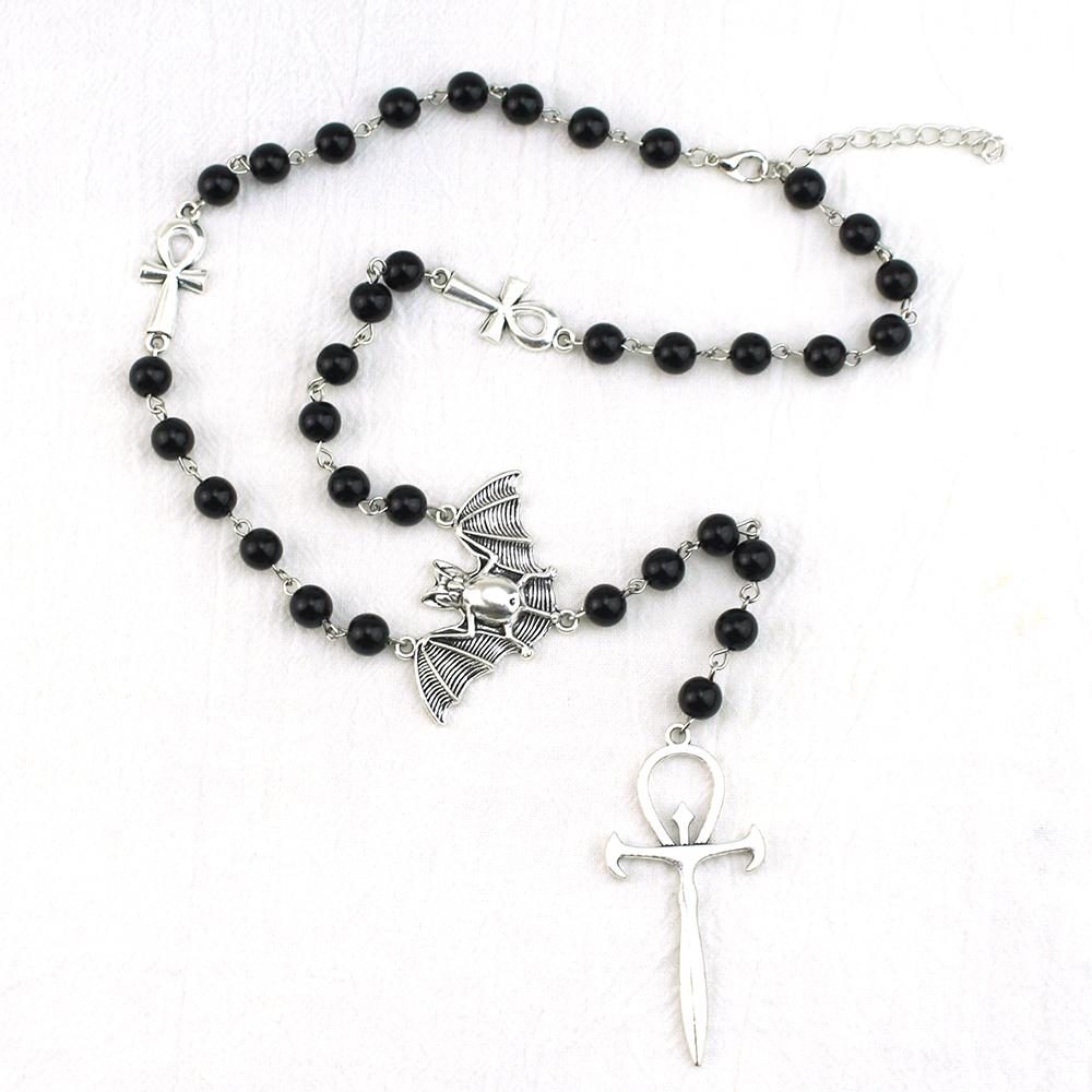 Gothic Bat Cross Rosary Necklace for Women Fashion Mystery Witch Jewelry Accessories Gift Silver Color Bat Charm Vampire Choker