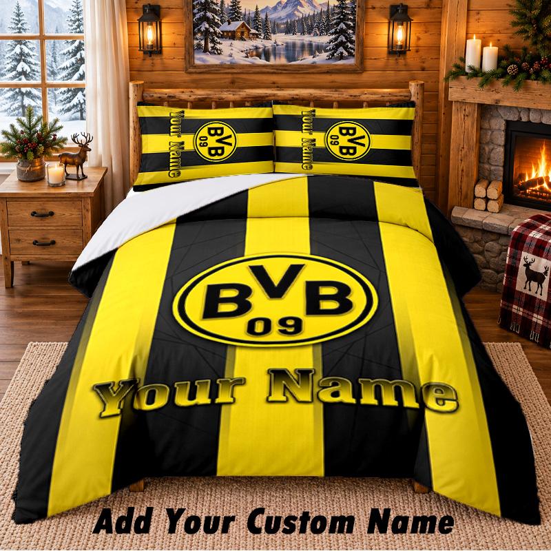 Borussia Dortmund Pattern Bedding 3Pcs Set Custom Name, Bed Sheet And Pillowcases For Home Bedroom
