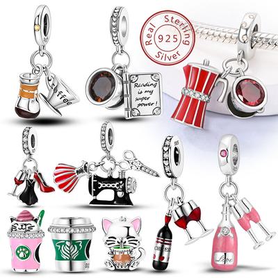 Fit Original 925 Silver Charms Beads Wine Glass Coffee Cup Charms Pendant For Women Bracelet Charms DIY Jewelry Gift