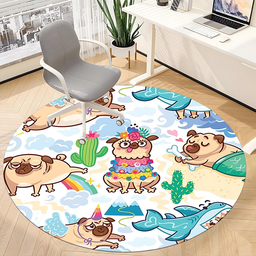 1PC Pug Party Office Round Area Rug, Mat Suitable ForOffice, Under Office Chairs Bedroom Living Room Home Decor, Room Deco