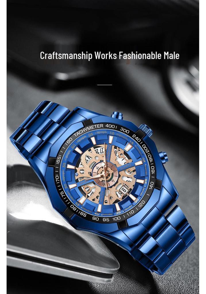 Binbond Skelett Non-Mechanisch Wasserdichte Herrenuhr - Schwarzes Metall & Blaues Design