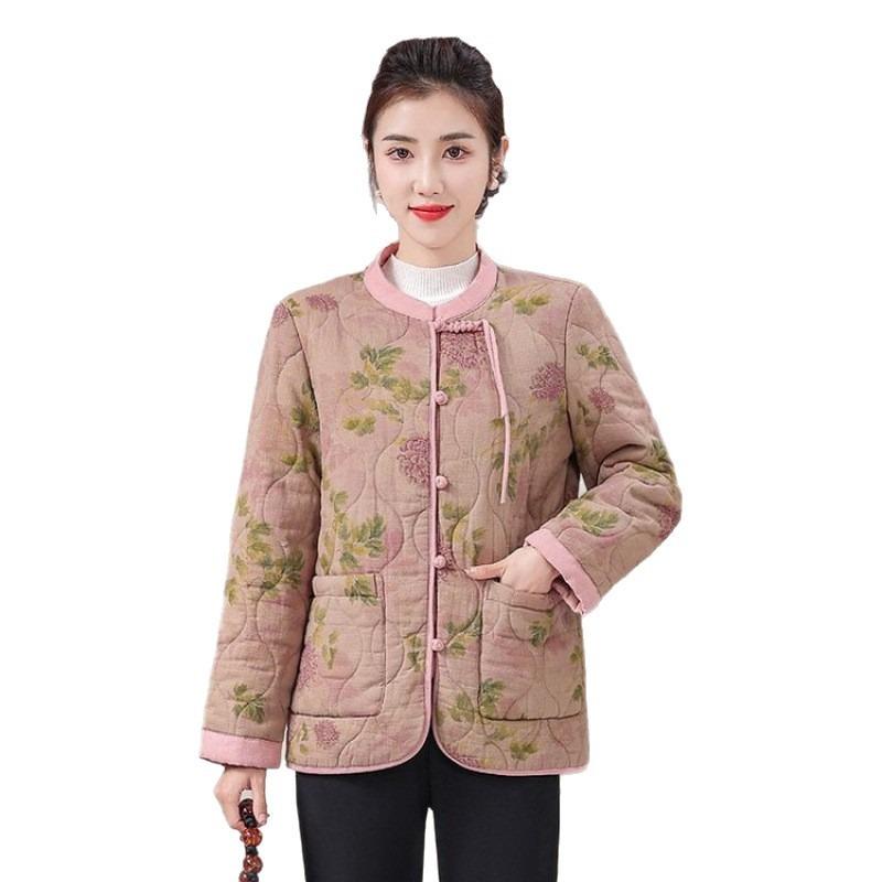 Medium and old disc buckle stand-up collar padded jacket for women's winter new retro printing padded padded padded jacket padded jacket