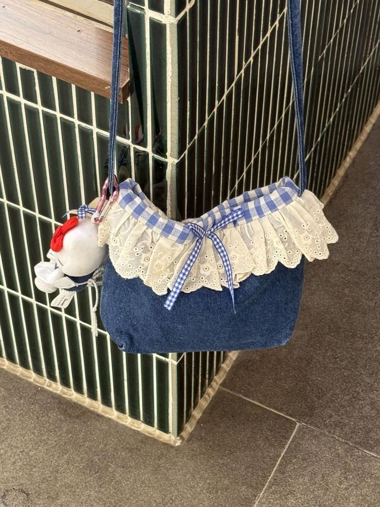 New Super Korean Denim Small Bag Versatile Small Fresh Lace Plaid Crossbody Denim Bag Niche Mobile Phone Bag Storage Bag