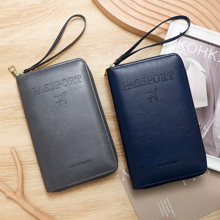 Men Women RFID Blocking Leather Passport Holder Travel Wallet Zip Around Passport Cover Document Organizer with Card Slots Wrist Strap
