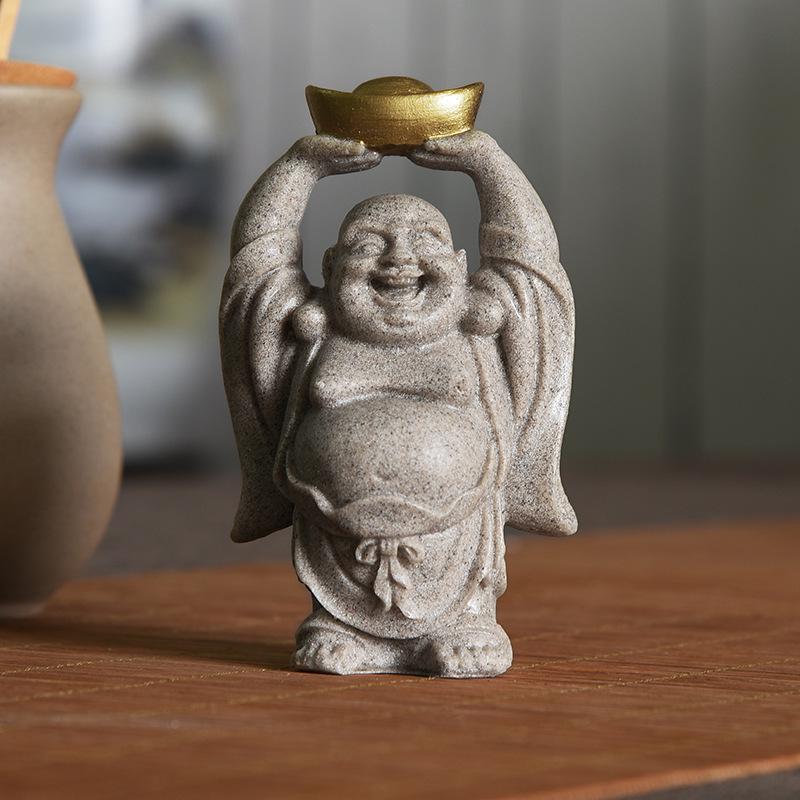 

Sandstone & Handmade Resin Craft Statue, Chinese Style Smiling Buddha & Maitreya Buddha, Gold-Painted Creative Gift Decoration 13051