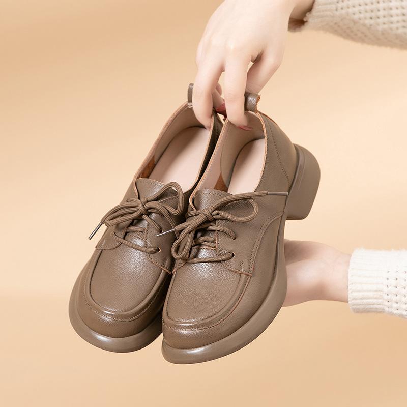 Fashion GKTINOO Platform Shoes Women Genuine Cow Leather Round Toe Sewing Lace-Up Chunky Sole Ladies Low Heels Shoes Handmade Plus Size