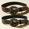 Western Style Double Revolver Long Bull Head Metal Buckle Belt Two-color Retro Texture Overalls with Personalized Belt