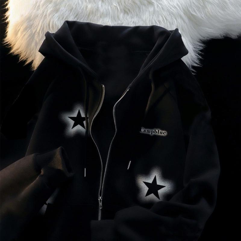 Nieuwe Retro Graffiti Sterrenprint Capuchon Rits Jas Collectie Lente En Herfst Casual Mode Trends Veelzijdig Luie Stijl