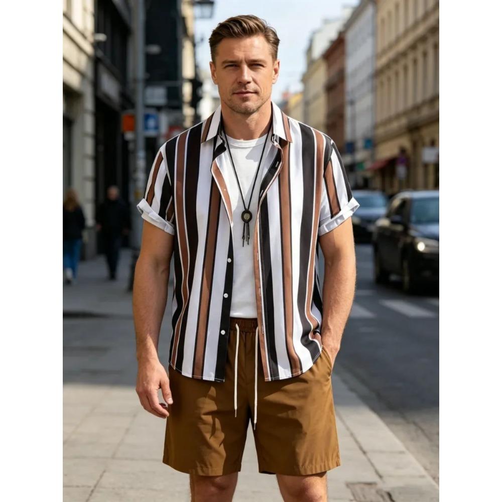 Simple Men Shirt Sets Vintage Stripe Lapel Short Sleeve Casual Shirt Beach Shorts Summer Streetwear Hawaiian Fashion Loose Suits