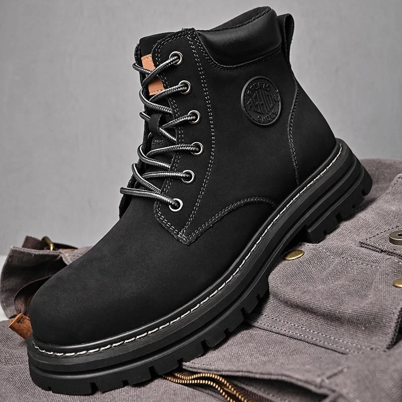 Boots Men High Top Boots Men's Leather Shoes Winter Fashion Plush Warm Shoes Outdoor Sneakers Lace Up Non-Slip Ankle Boots Male