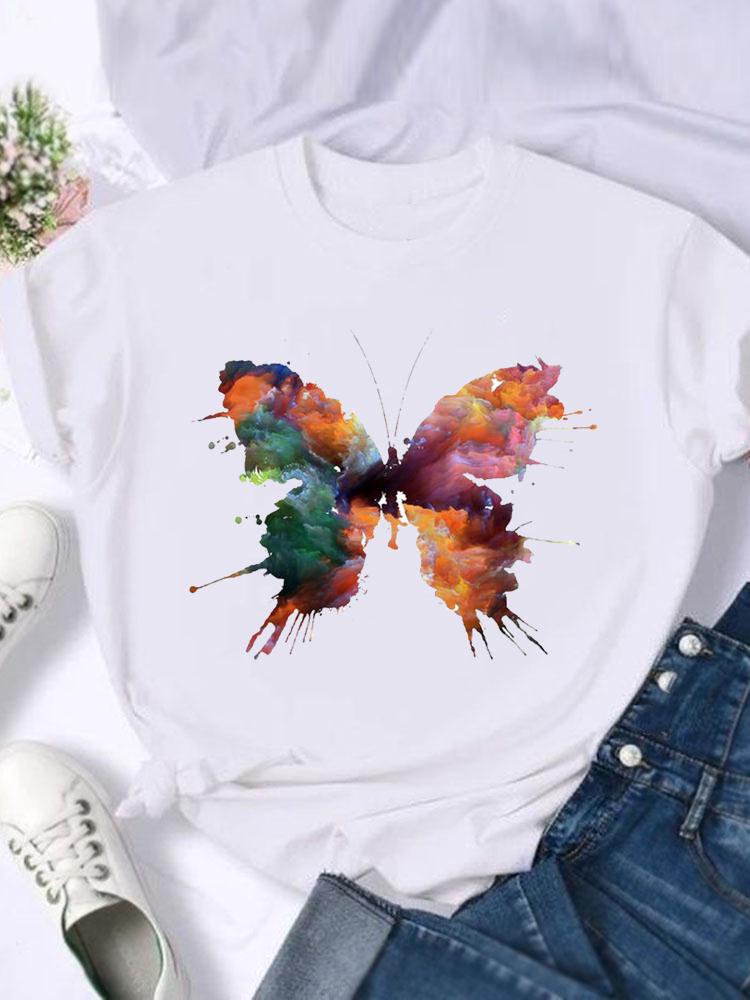 Kortärmade T-shirts Dam T-shirt Tryck Sommar Tecknad Fjäril Trend Söt Skjorta Dam Grafisk T Topp T-shirt Mode Kläder