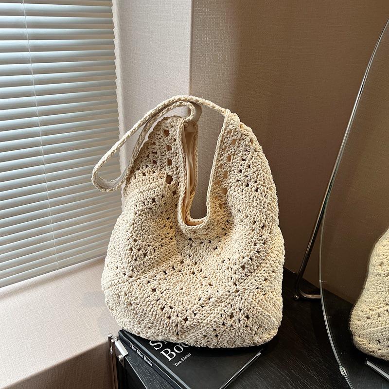 2025 spring new cotton crochet hollow tote bag woven shoulder women's bag straw armpit bag