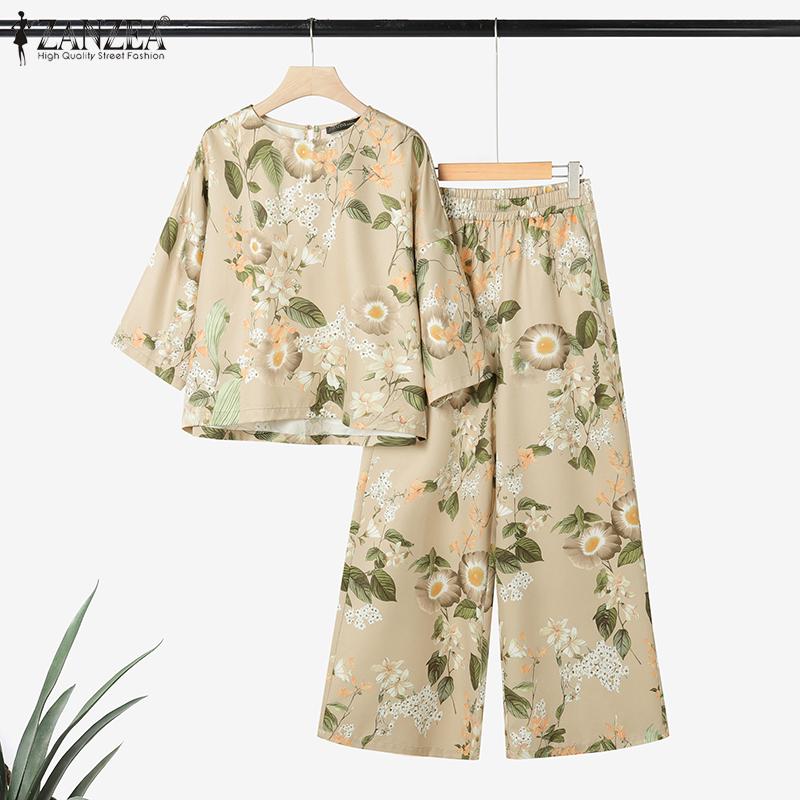ZANZEA Women 3/4 Sleeve Blouse and Pants Casual Floral Print Two Piece Suit Sets