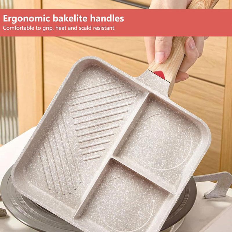 Nonstick 3-in-1 Divided Frying Pan Aluminium Square Big Grill Skillet with Bakelite Handle Omelette Egg Breakfast Frying Pan