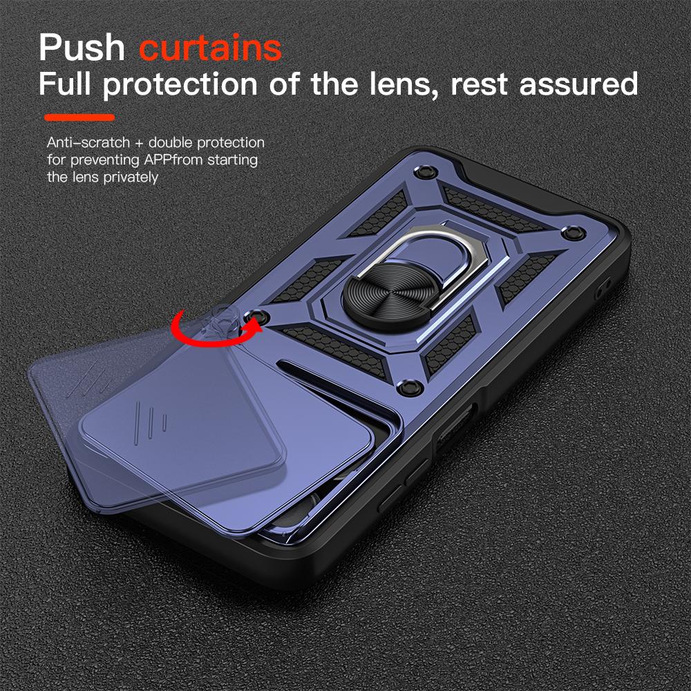 KEYSION Shockproof Armor Case for Itel A90 4G Silicone+PC Slide Camera Lens Protection Ring Stand Phone Back Cover for Itel A90