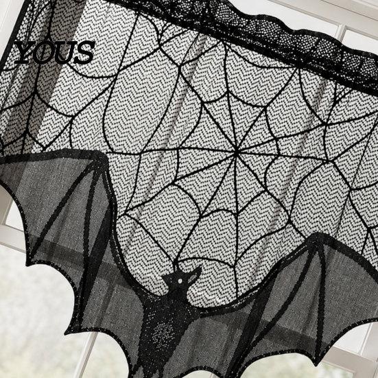 Gotische Halloween Tischdecken Türvorhang, Spitze Spinnennetz Kaminabdeckung, Gruseliges Skelett Hexe Komplette Dekoration Fledermausdruck Fenster Vorhänge für Zuhause