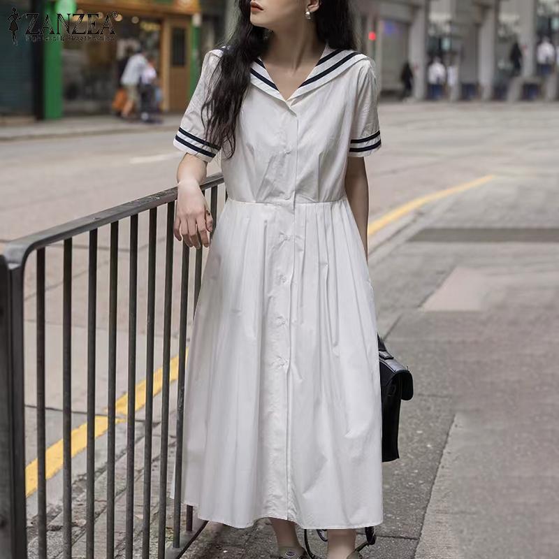 

ZANZEA Women Summer Navy Collar Casual Short Sleeve Dress S білий