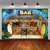 Lebendiger tropischer Strandbar-Hintergrundbanner - Design "BAR" mit Palmen und Surfbrettern aus Polyesterfaser