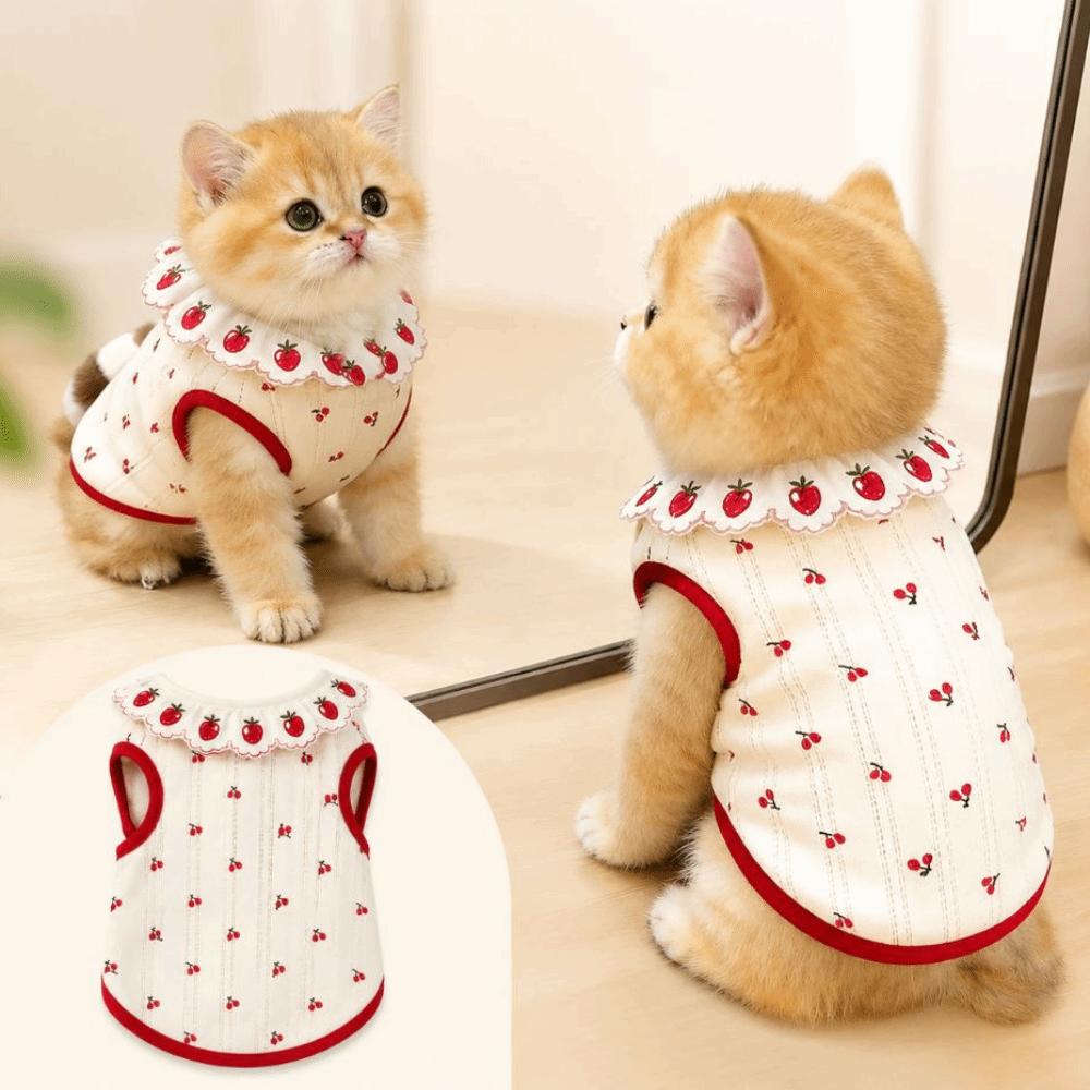 Sweet Cat Pullover Cherry Pattern Pet Shirt Cute Cat Flower Edge Vest Pet Clothing
