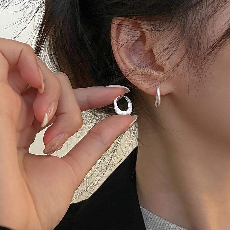 New 925 Silver Hoop Earrings Clip Matte Circle Geometric Punk For Women Girl Gift Jewelry