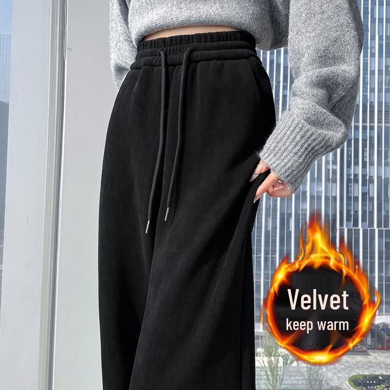 High-Waisted Fleece-Lined Chenille Cotton Plush Long Pants, Narrow/Wide-Leg Options, Casual & Fashionable for Autumn/Winter.