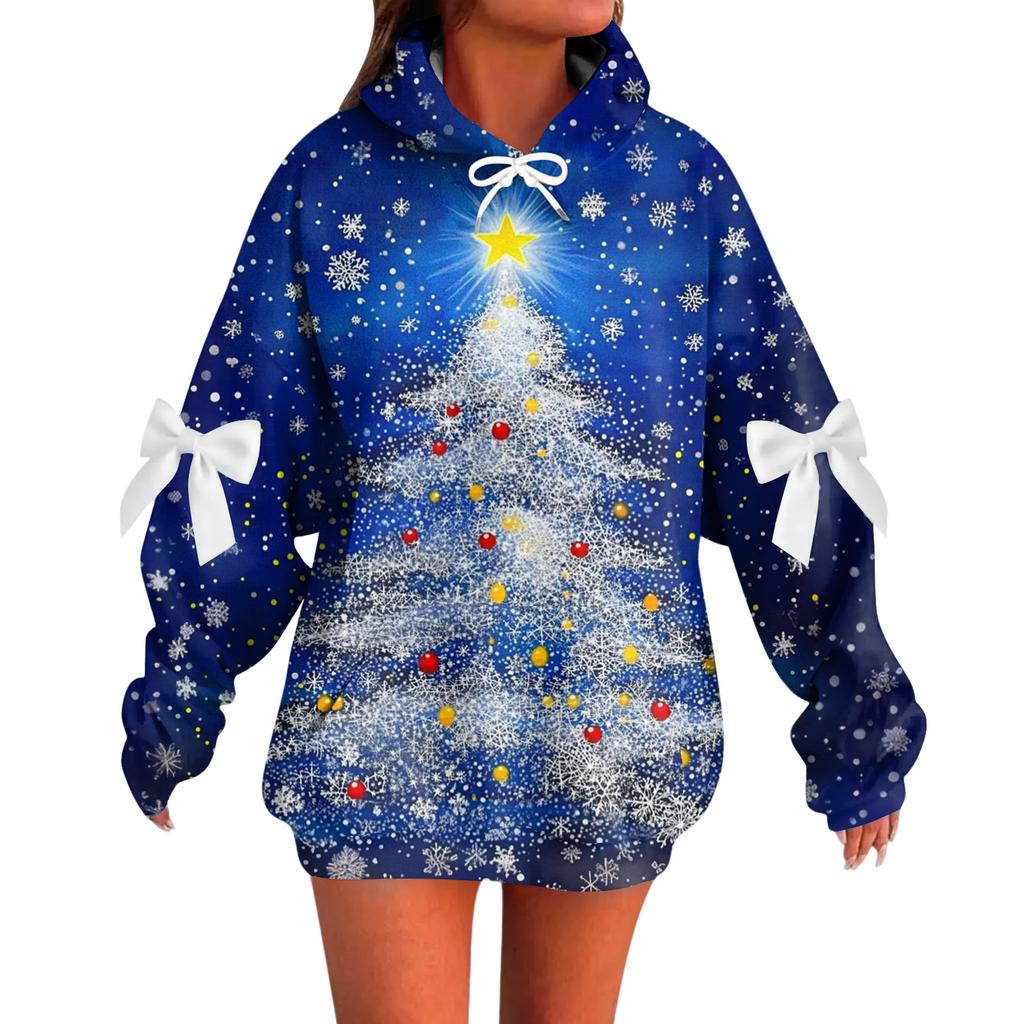 Ladies' Christmas Printed Bow Long Sleeved Loose Fitting Headband With Rope Hooded Sweatshirt Top